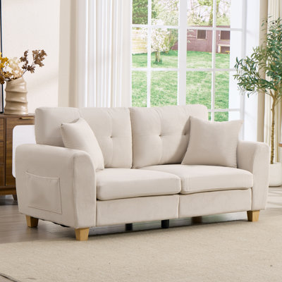2-Seater Corduroy Sofa with 2 Throw Pillows, Deep-Seated Upholstered Couch with Square Arms