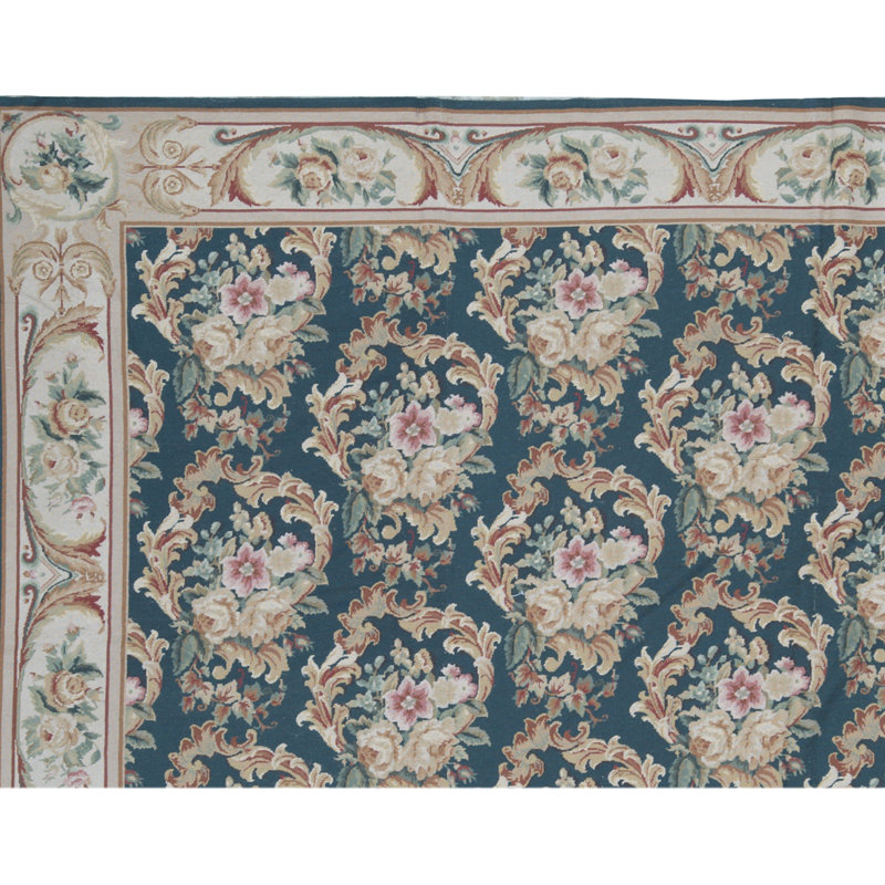 Tapis floral vert / beige en laine noué à la main Needlepoint