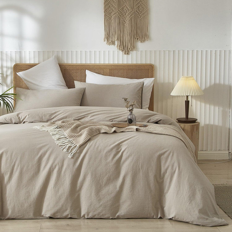 Ensemble de housse de couette 100% coton délavé LifeTown, Housse de couette grand + 2 taies d'oreiller, Gris crème