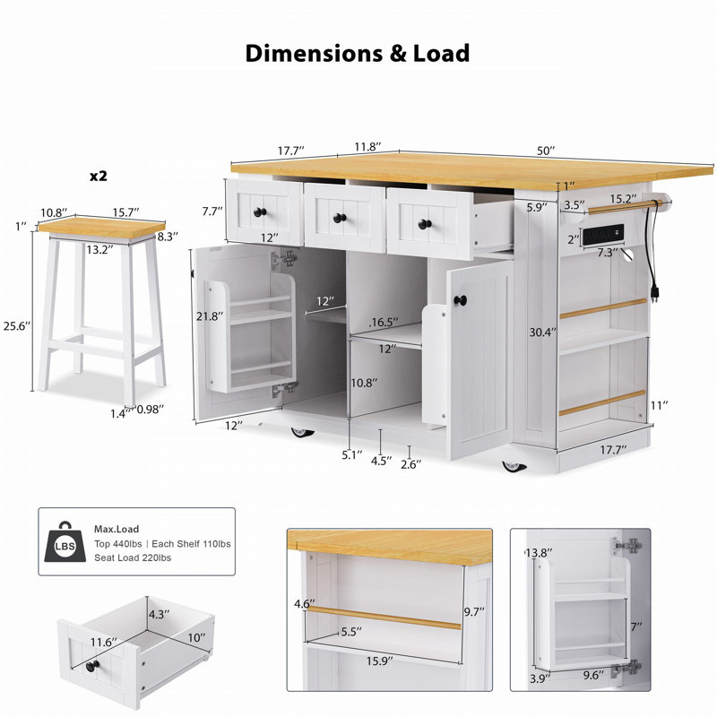 Arlonda 53'' Kitchen Island  With 2 Bar Stools, White