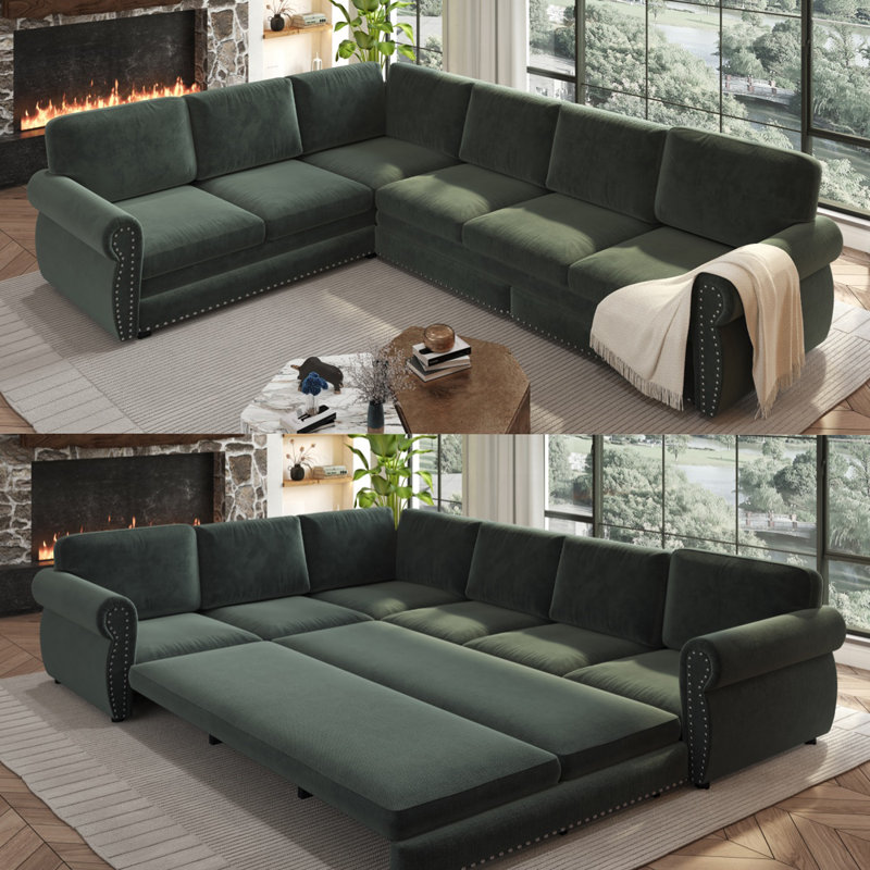 Canapé-lit en L 118 po avec lit gigogne en chenille verte 118 po