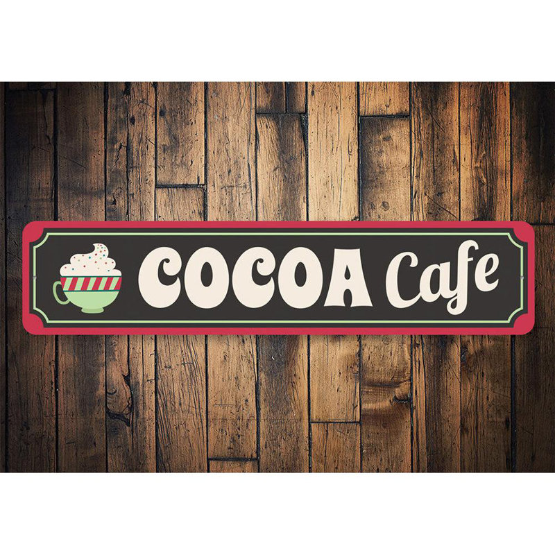 Plaque en aluminium «Hot Cocoa Cafe Yuletide», H 6 po x l 24 po x P 0,06 po