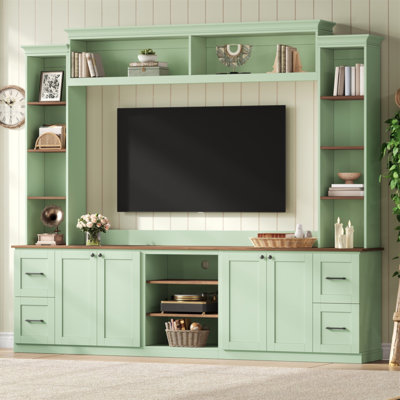 Meuble audio-vidéo 4 en 1 avec bibliothèque pour téléviseur de 70 po ou moins, grand meuble télé de style campagnard avec tablettes réglables en noyer, console multimédia élégante avec tiroirs pour le salon