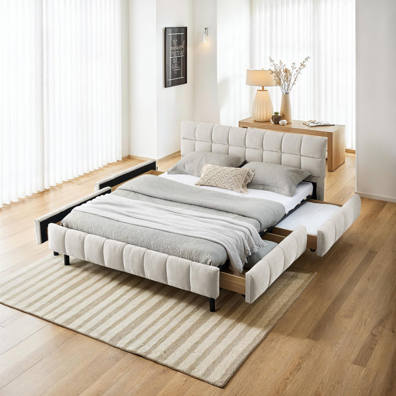 Upholstered Bed Frame With Headboard & Storage Drawers, King, Beige