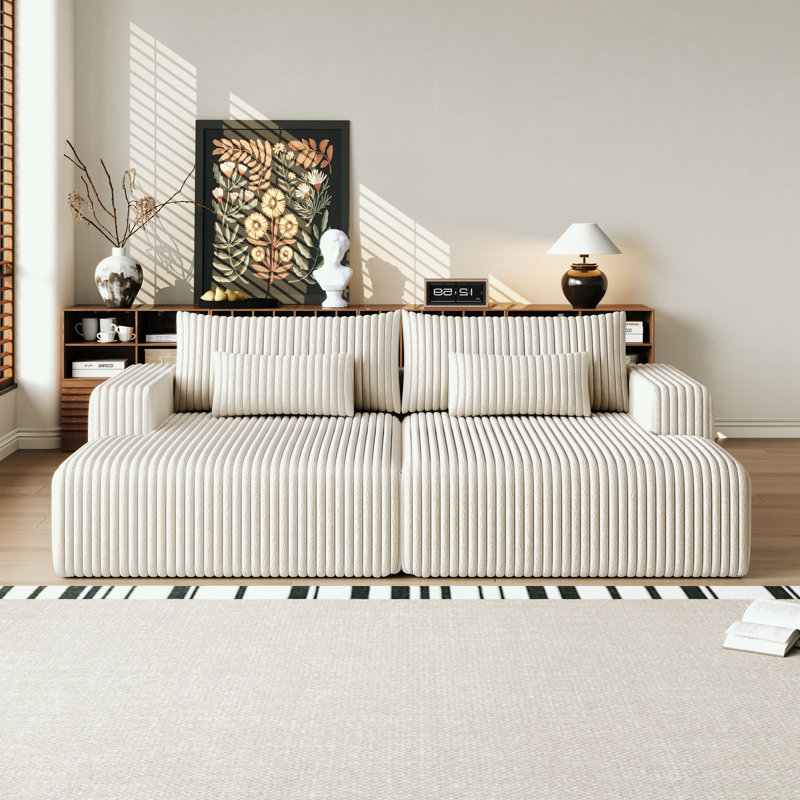 Boneless Oversized Sectional Lounge Chaise With Two Pillows, Beige Corduroy