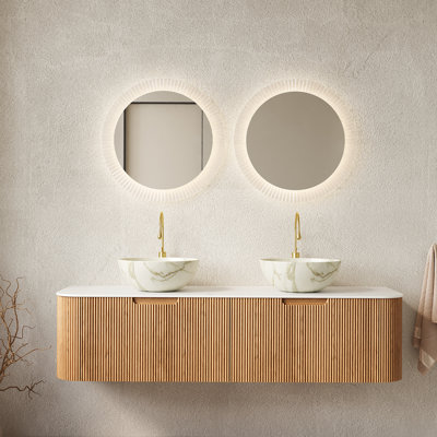 Meuble-lavabo de 60 po avec lavabo et lavabos 60 po, 2 tiroirs, 2 cuves en céramique blanc mat avec dessus en pierre frittée Carrara, pré-assemblé, grain de bois naturel