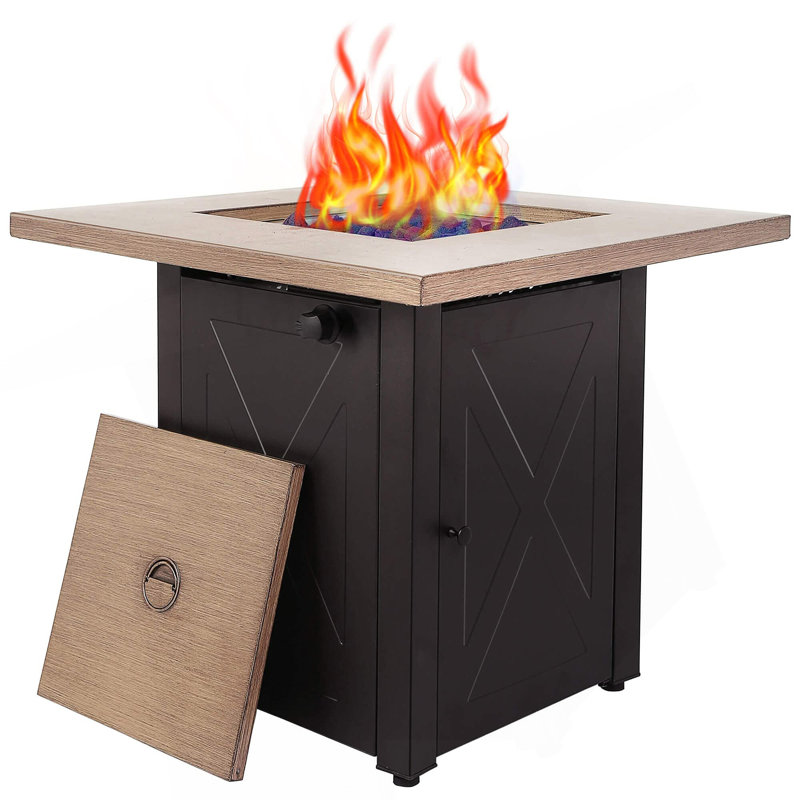 Table de foyer d'extérieur au gaz 28 pouces, 48 000 BTU, table d'extérieur carrée pour patio extérieur au propane, certification ETL, couvercle à grain de bois Bionic, pour cour, jardin, fête, terrasse, cour