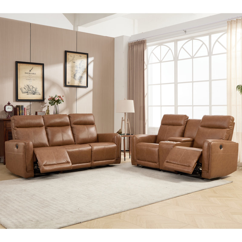 Ensemble de salon inclinable électrique en cuir fleur 2 pièces: causeuse électrique + canapé avec console et USB Type-C