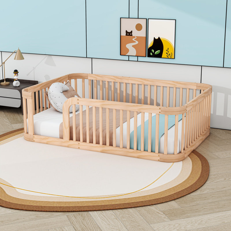 Structure de lit double en bois avec garde-corps, Naturel