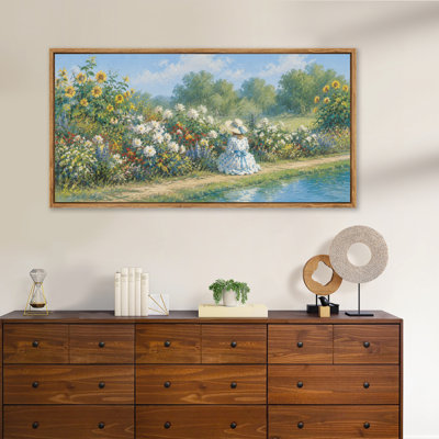 Girl Reading in Summer Garden Framed Canvas Wall Art, Nature Scenic Panorama Artwork for Living Room, Bedroom and Office
