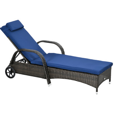 Comfortable Pool Lounger With 5-level , Wheels, Cushion & , Brown And Dark Blue Joyful Chair, Adjustable