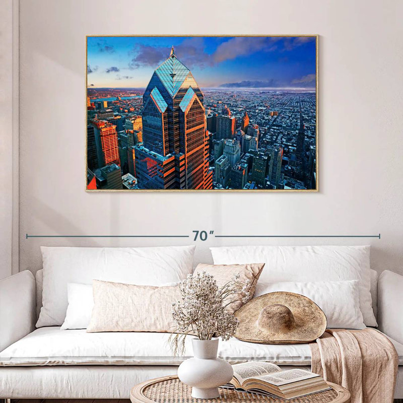 Philadelphia Tower And Skyline, Floating Frame Natural Wood, 46" X 31"
