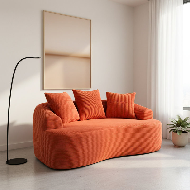 Canapé incurvé de 166 cm (65,33 po) en velours côtelé rouge-orange, coussins à ressorts ensachés, 3 coussins décoratifs, coin lecture relaxant, velours côtelé, reprise rapide de forme