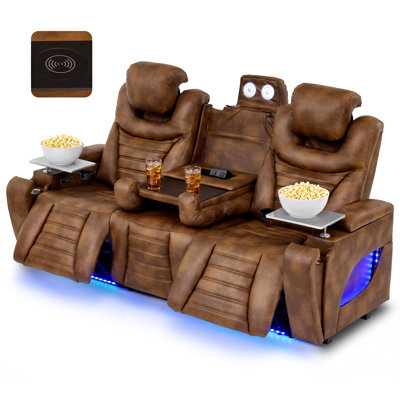 Power Loveseat Recliner Sofa with Flip-Up Console, Wall Hugger 3-Seater Reclining Sofa with Reading Light, Charging Station, LED Lights for RV Living Room