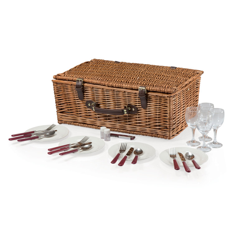 Newbury Wicker Picnic Basket with Navy and Burgundy Plaid Interior