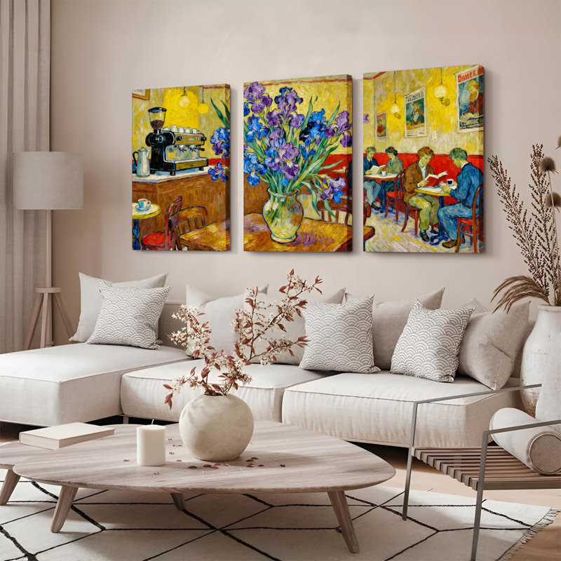 Ensemble de 3 tableaux sur toile représentant un intérieur de café de style Van Gogh avec des iris, H 18 po x l 36 po