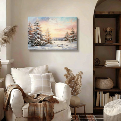 «White Snowy Forest Landscape», art mural en bois à l'arrière, 30 L x 20 l