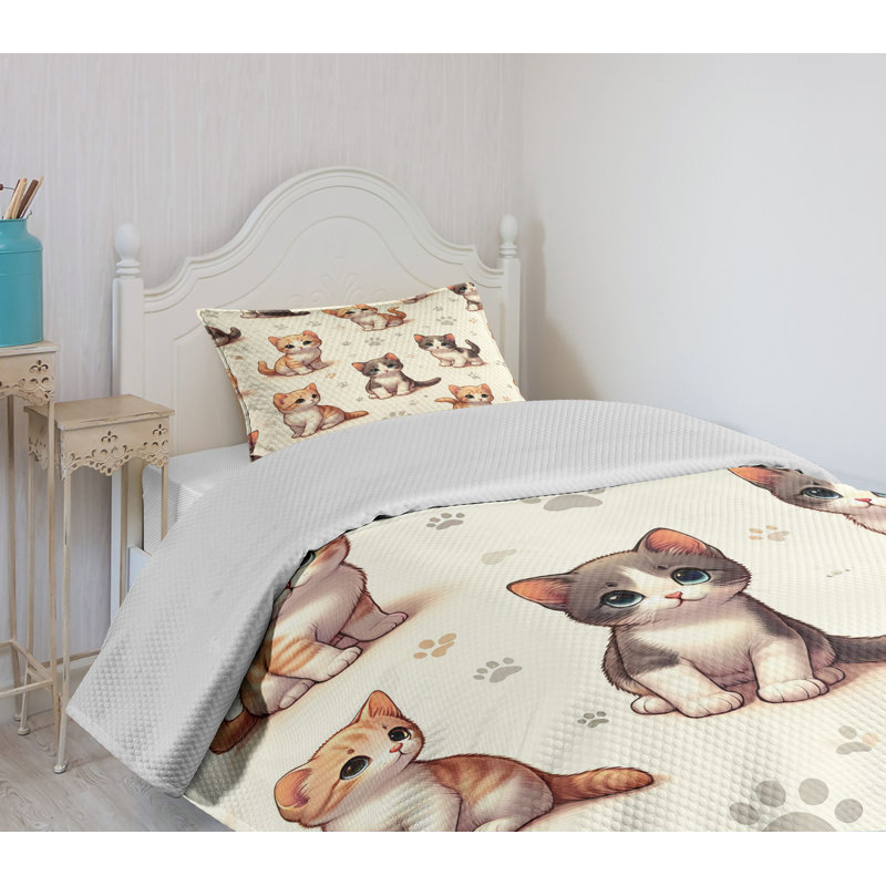 Twin Gray Cat Cartoon Polyester Bedspread Set