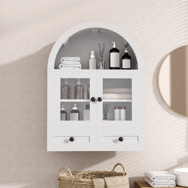 Arc-shaped Bathroom Storage Cabinet, Wall Cabinet, Wall Shelf Above the Toilet, with Double Drawers and Glass Door, Adjustable Shelves, Arched Hanging Cabinet for Kitchen, Living Room and Laundry Room