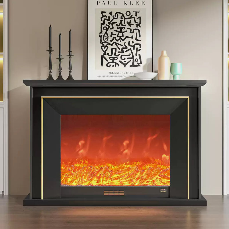 Foyer électrique noir en bois massif, Noir, H 39,37 po x l 47,24 po x P 12,6 po