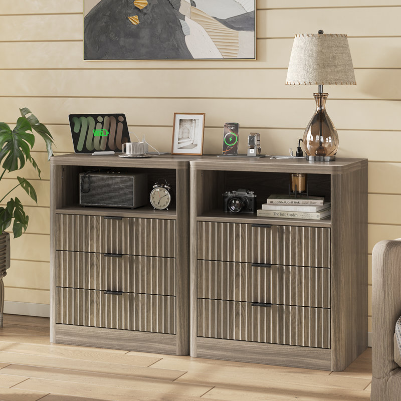 Fluted Night Stand With LED Light & Charging Station, Nightstand With 3 Storage Drawers, 23” Wide Top, Modern Farmhouse Bedside Table For Bedroom, Living Room, Closet