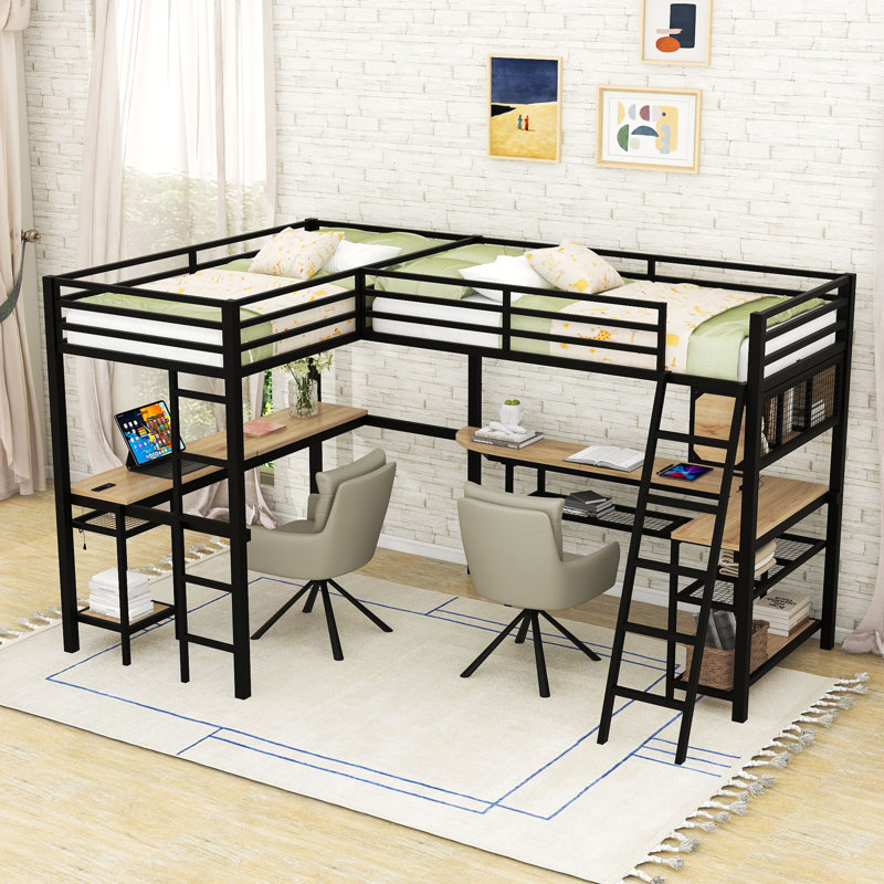 Loft Bed With LED Lights, Storage Shelves, Desks And Charging Stations