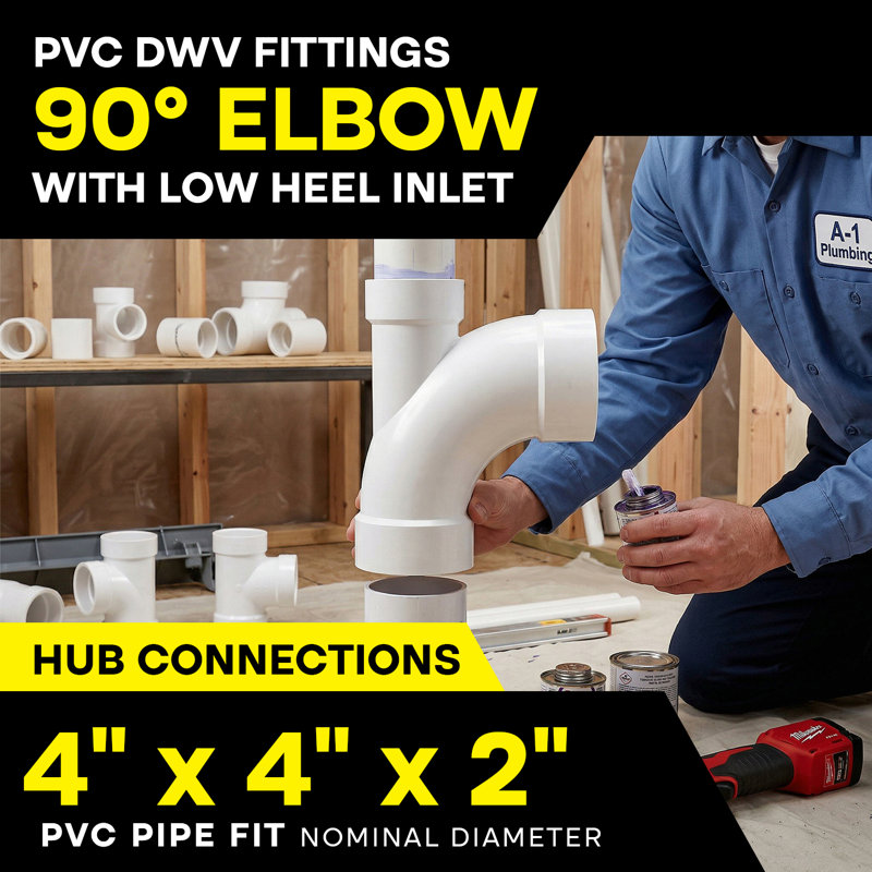4 in. x 4 in. x 2 in. PVC DWV 1/4 Bend 90° Elbow with Low Heel Inlet, Hub Plumbing Fitting for Drain, (15 Pack)