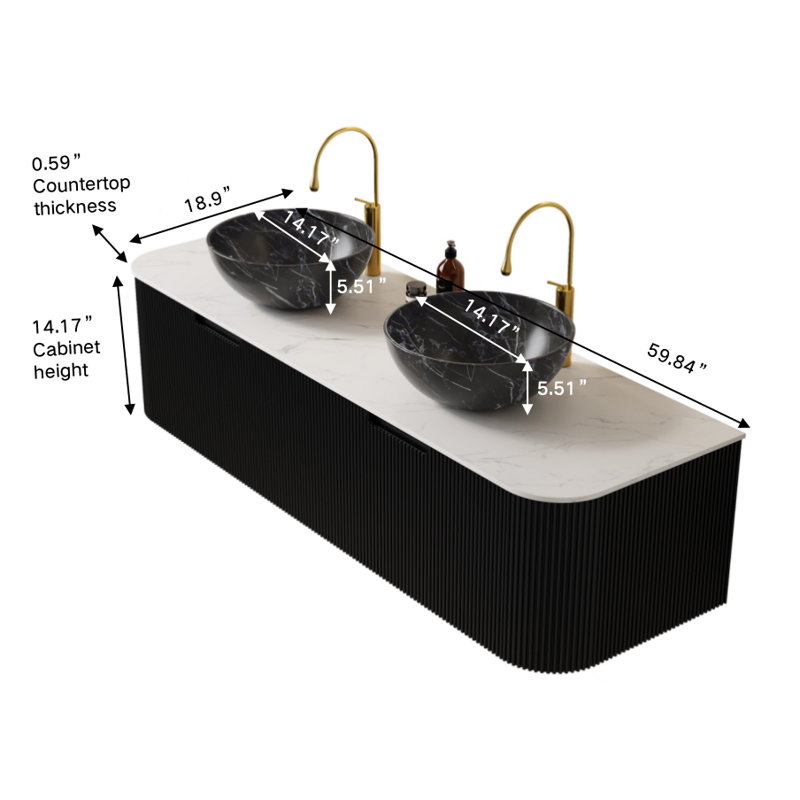 Ensemble de meuble-lavabo double 60 po avec bols en céramique noire, panneau 3D mat, tiroirs à fermeture en douceur - pré-assemblé