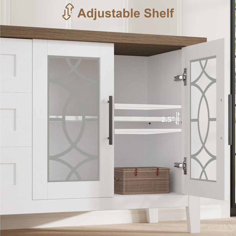63" Farmhouse TV Stand for 70" TVs, Rustic Entertainment Center with Glass Doors, 2 Cabinets & 3 Drawers, White