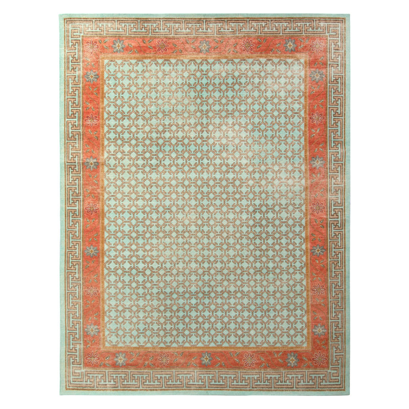 Distressed Homage Hand Knotted Wool Geometric Area Rug in Blue, Red, Beige, Orange, Rectangle 6' x 9'
