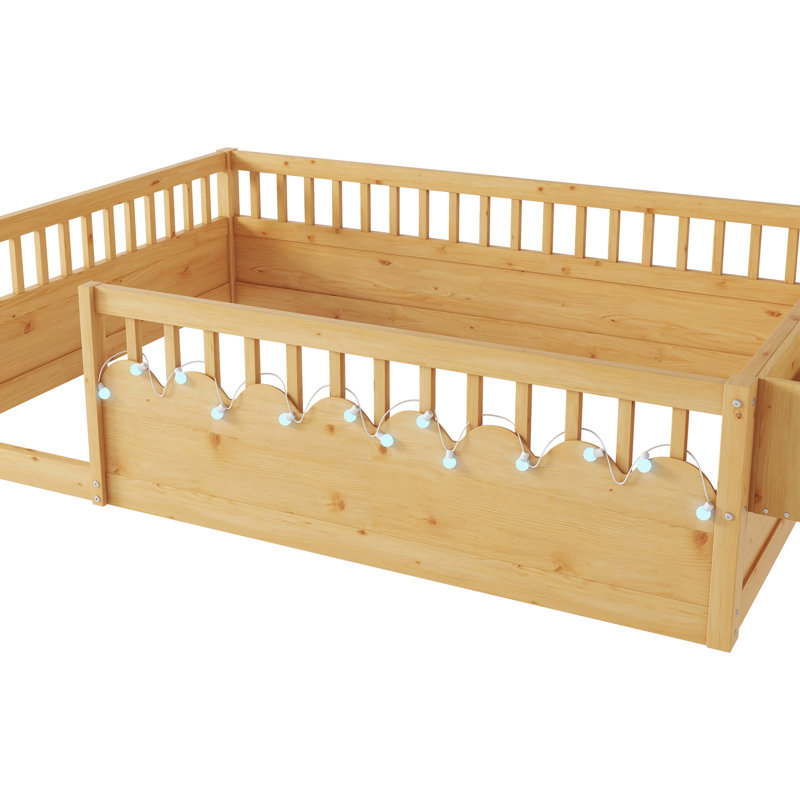 Montessori Floor Bed Frame With High Rails, Wood Kids Floor Beds With Light And Storage Shelf, Natural, Full