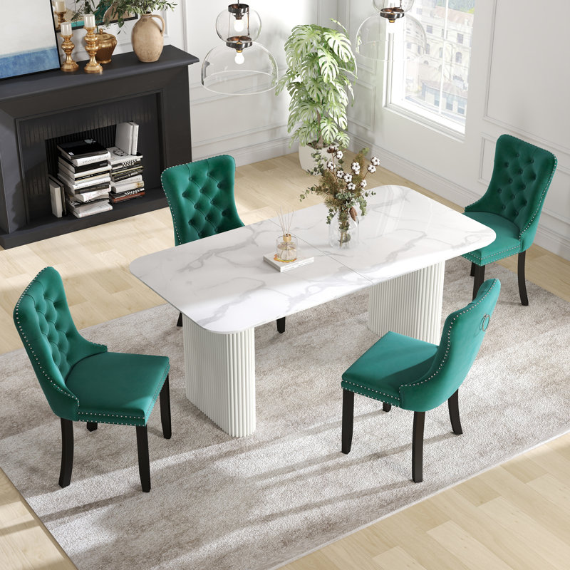 Ensemble de salle à manger rectangulaire à double piédestal avec table de salle à manger de style crème, 5, Vert