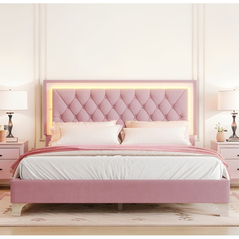 Structure de lit plateforme en velours pour grand lit avec lumières DEL et tête de lit capitonnée, Rose
