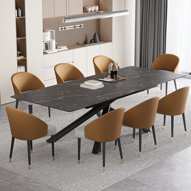 Ensemble de table de salle à manger extensible 102 po avec table en pierre frittée et 8 chaises en similicuir, Noir
