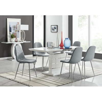 Renne Modern High Gloss Extendable Dining Table Set With 6 Luxury Faux Leather Dining Chairs
