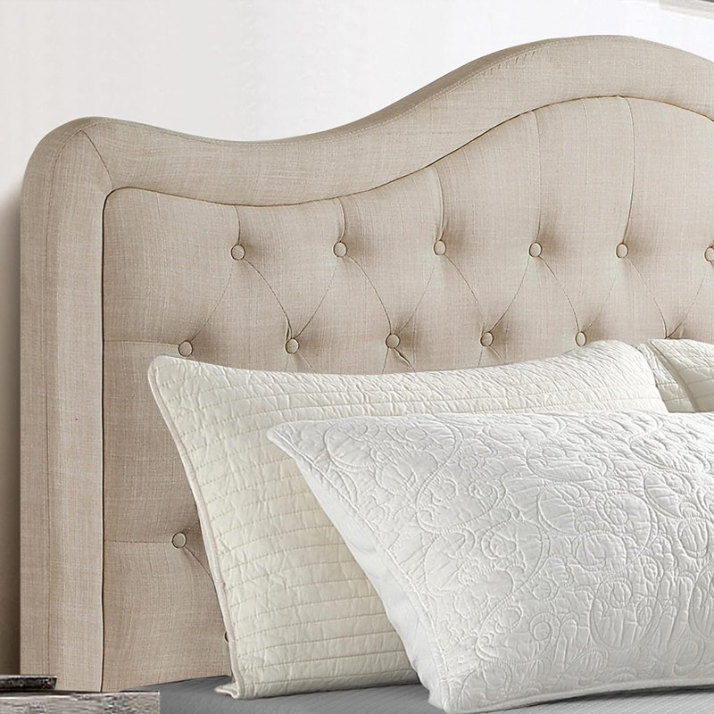 Structure de lit rembourrée en tissu avec tête de lit réglable, support à lattes de bois, lit plateforme capitonné, Beige