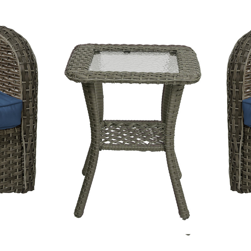 Auryanna Rattan Outdoor Furniture 2 Swivel Chairs with Waterproof Coushions and Glass Top Table Set, Brown/Gray, Blue