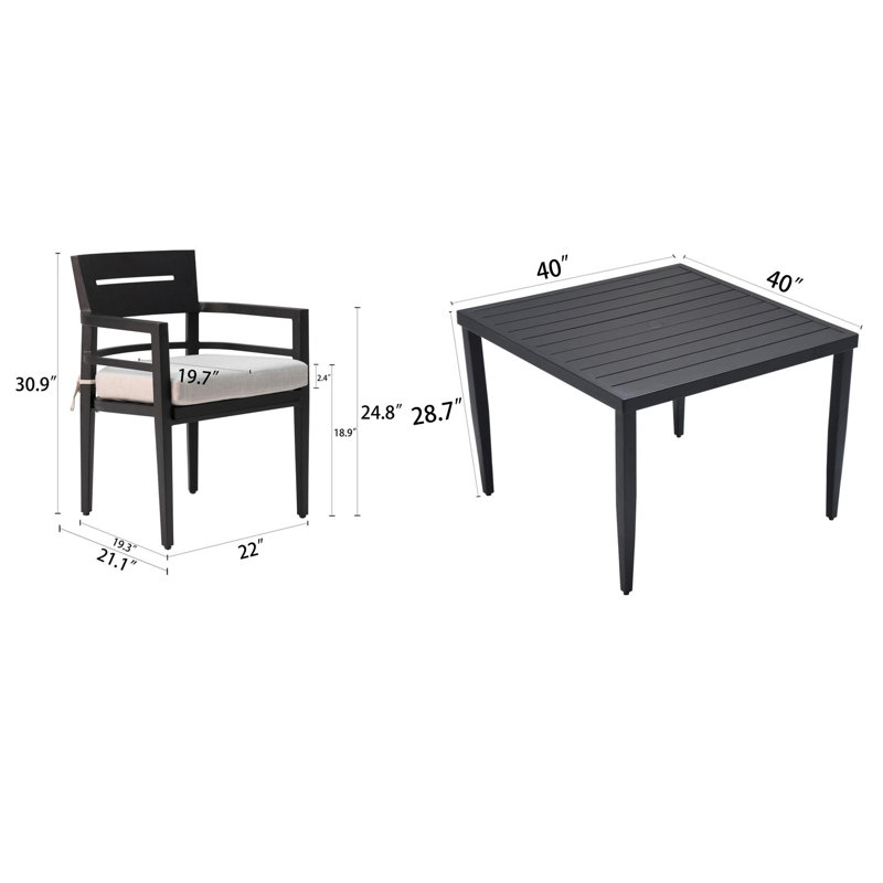5-Piece Outdoor Patio Aluminum Furniture, Modern Dining Set, including 4 Swivel Rockers  Sunbrella Fabric Cushioned and 40" Square Dining Table with Umbrella Hole
