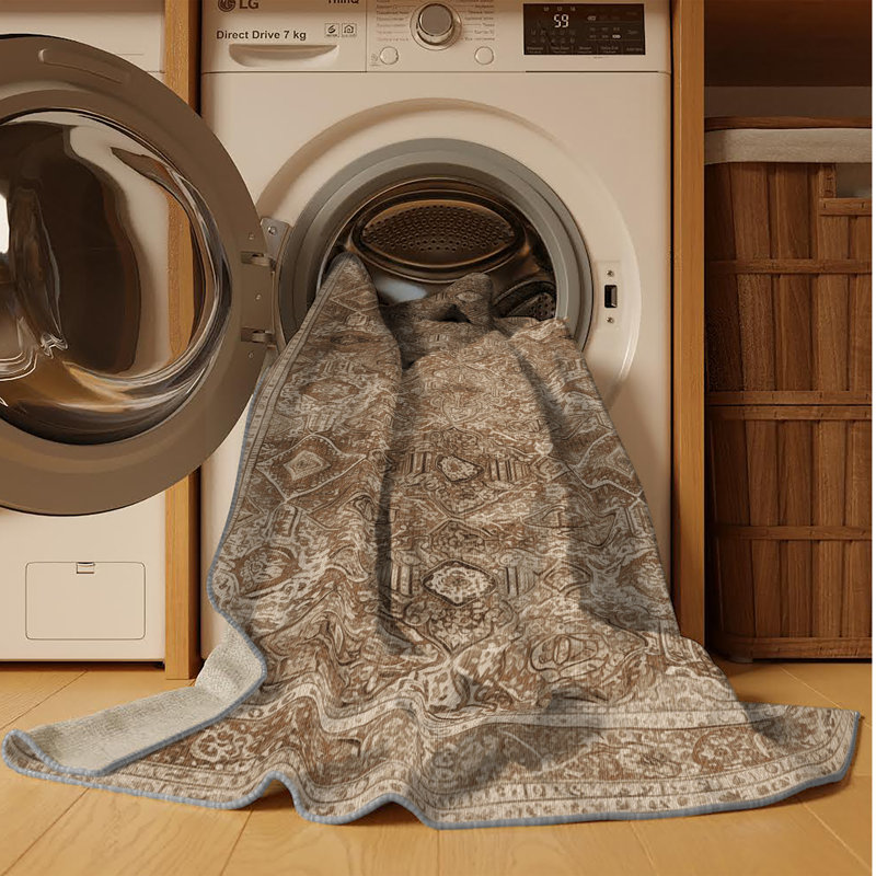 Tapis persan gris lavable à la machine, Rond 3 pi