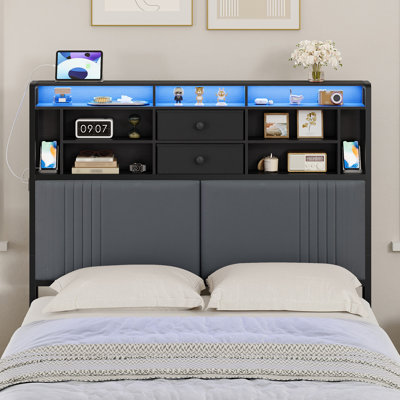 Tête de lit avec tablettes de rangement à 3 niveaux, tête de lit tapissier en velours avec prise, 2 ports USB et éclairage à DEL, tête de lit double avec deux tiroirs en tissu, noir et gris foncé