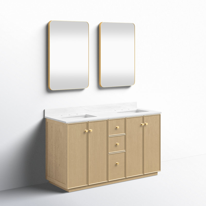 Meuble-lavabo double autoportant 60 po avec plateau en quartz Calacatta Waubun Rally, Chêne naturel