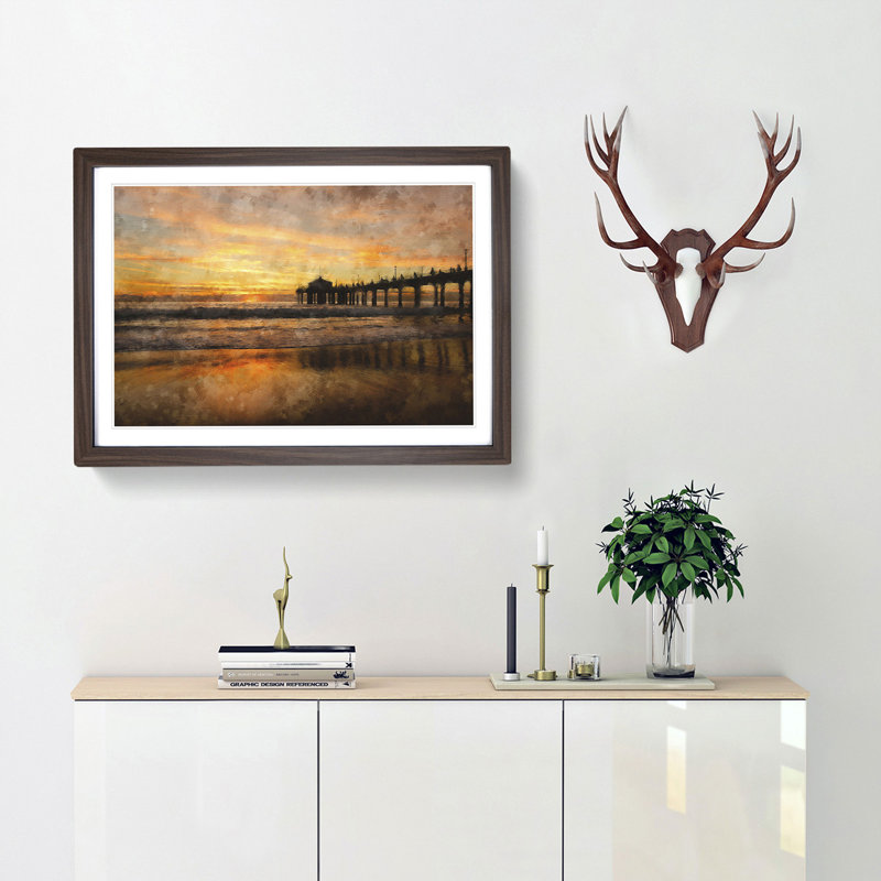 Sunset Behind the Pier - Picture Frame Painting Print, 62cm H x 87cm W x 2cm D, Walnut Framed