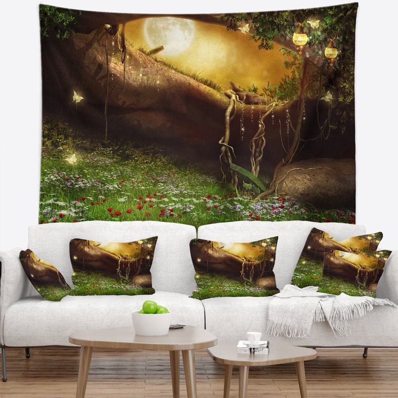 Paysage avec grotte enchantée et tapisserie, H 50 po x l 60 po