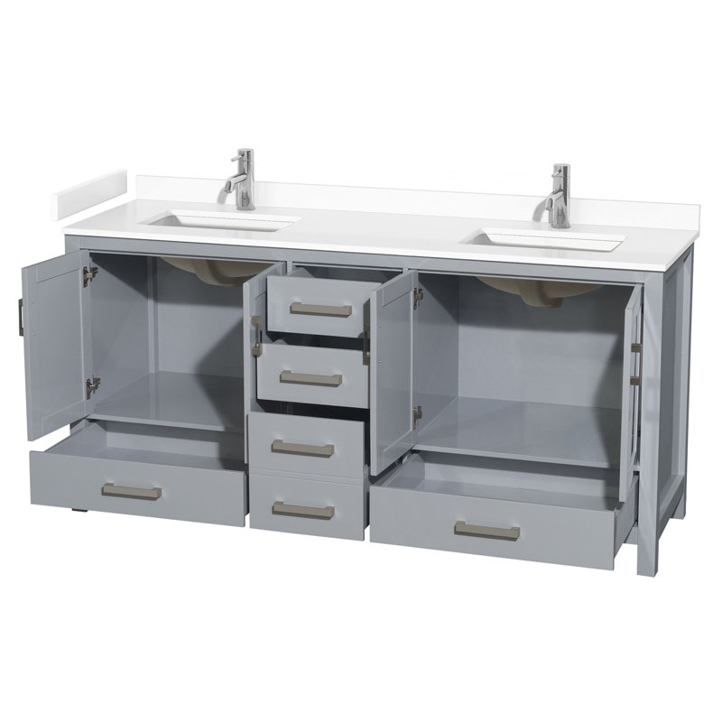 Sheffield 72" Double Bathroom Vanity Set, White Cultured Marble, Gray
