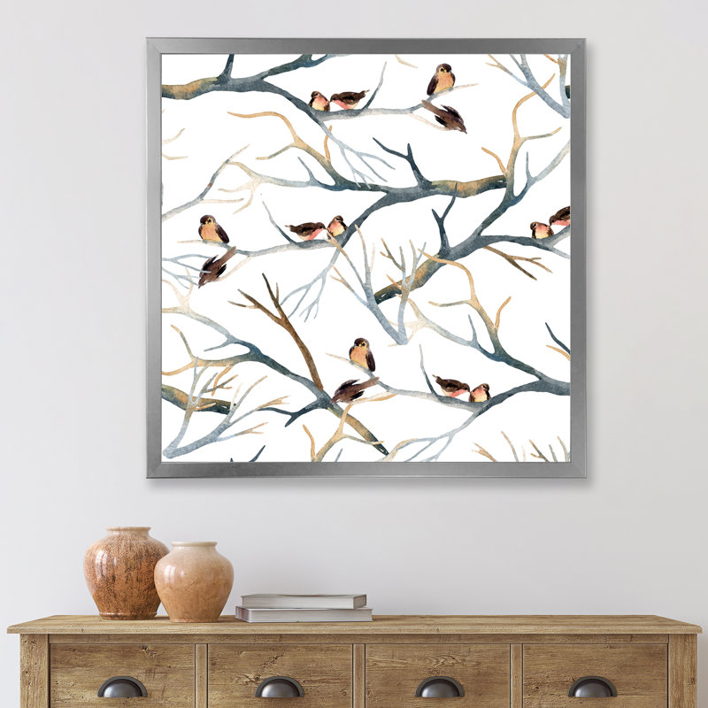 «Little Birds on the Tree Branches I», peinture sur toile, Cadre argenté, H 30 po x l 30 po x P 1 po