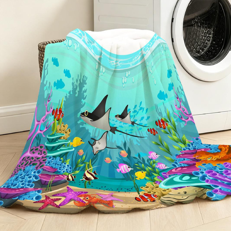 Jeté en flanelle bleue ultra douce, impression sous-marine aquarium, Throw 50" x 60"