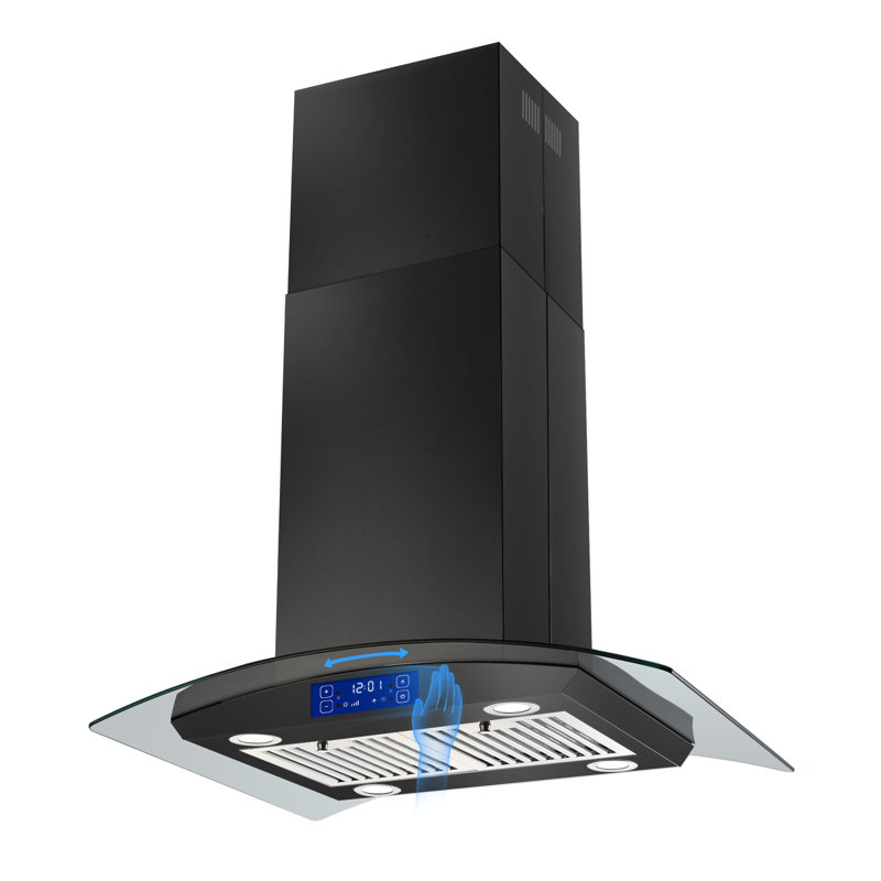 Tieasy 30" Stainless Steel 700 CFM Convertible Island Range Hood with Baffle Filter, Black