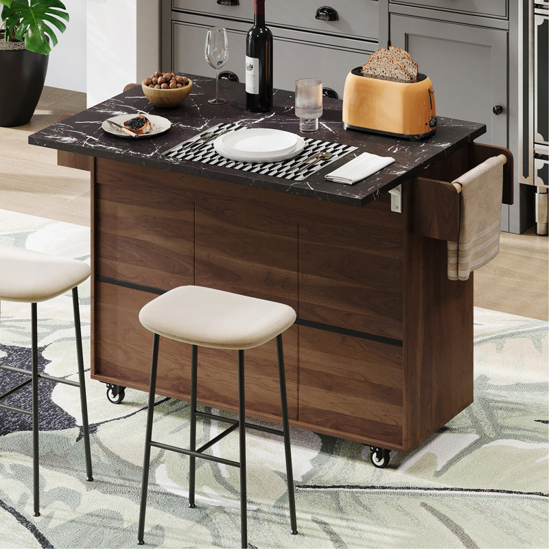51" W Kitchen Island with Trash Can Compartment and Drop Leaf, Brown