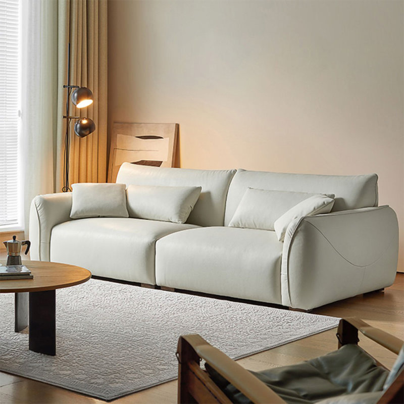 White Genuine Leather Modular Sofa cushion couch, 32.28" H x 96.46" W x 41.34" D, 3