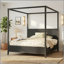 Grand lit plateforme à baldaquin en bois avec lattes de soutien, noir-129230871-129230872